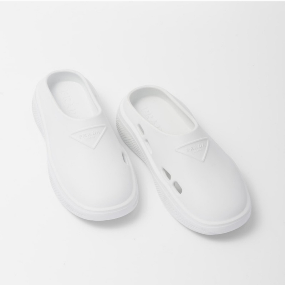 Prada Mellow White Rubber Logo Embossed Mules Clogs 41